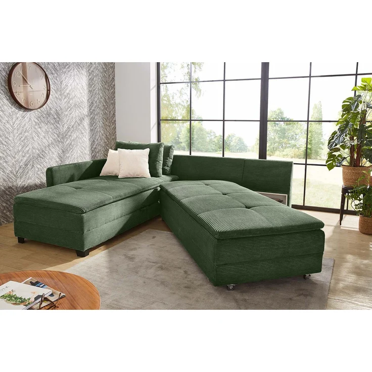 Ecksofa-Dauerschläfer Doppelbett Federkern Bettkasten Regal Couch in Cord Grün – Bild 4
