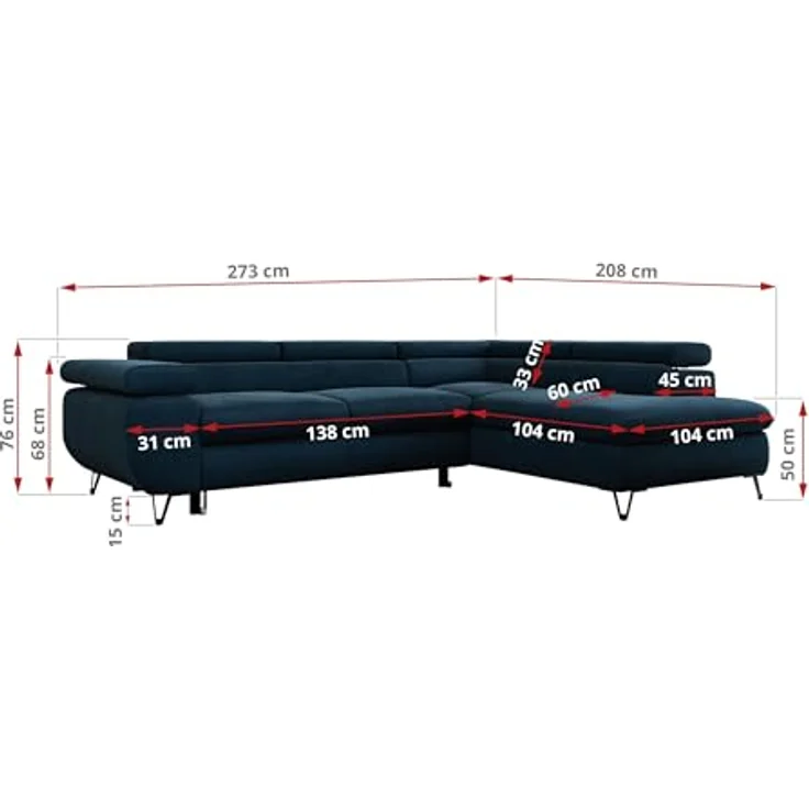 Mks Möbel 'Peter L-form' Ecksofa mit Bettfunktion, Bettkasten & einstellbaren Kopfstützen, Dunkelblau, Velours, rechts – Bild 4
