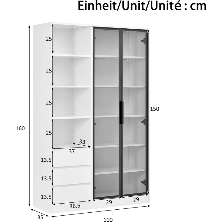 DESVIAE Sideboard Weiß aus MDF/PB – 100x160x35 cm – 3 Schubladen, LED-Beleuchtung – Bild 10