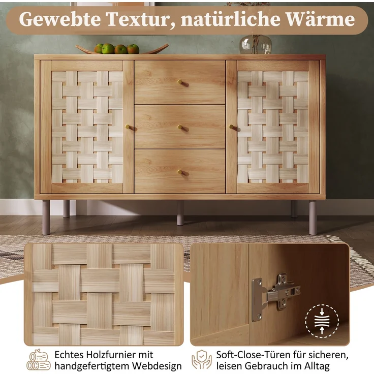Merax Sideboard, Landhaus-Kommode 120x40x75 cm, eichefarben, mit 2 Türen, 3 Schubladen, höhenverstellbare Einlegeböden, Metallbeine, Kippsicherung – Bild 7