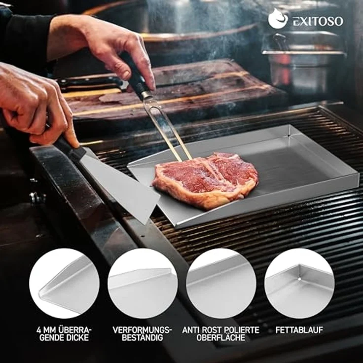Exitoso Grillplatte 30x40 cm | Plancha Mit Grillspachtel | Gasgrill Aus Dickem & Rostfreiem Edelstahl | 4mm Dicke | Universalgröße – Bild 4