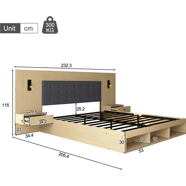 Merax Doppelbett 160*200cm, Stauraumbett, holzbett, Jugendbett, mit USB& Type-C-Ladestation und Leselampe, mit 2 Nachttische, heller Eichenfarbe – Bild 4