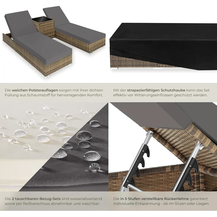 tectake 2er Lounge Sonnenliegen Set Plus Tisch – inkl. 2 Bezugsets und Schutzhülle, Outdoor Poly Rattan Gartenmöbel Set, 2X Gartenliege wetterfest - Natur – Bild 5