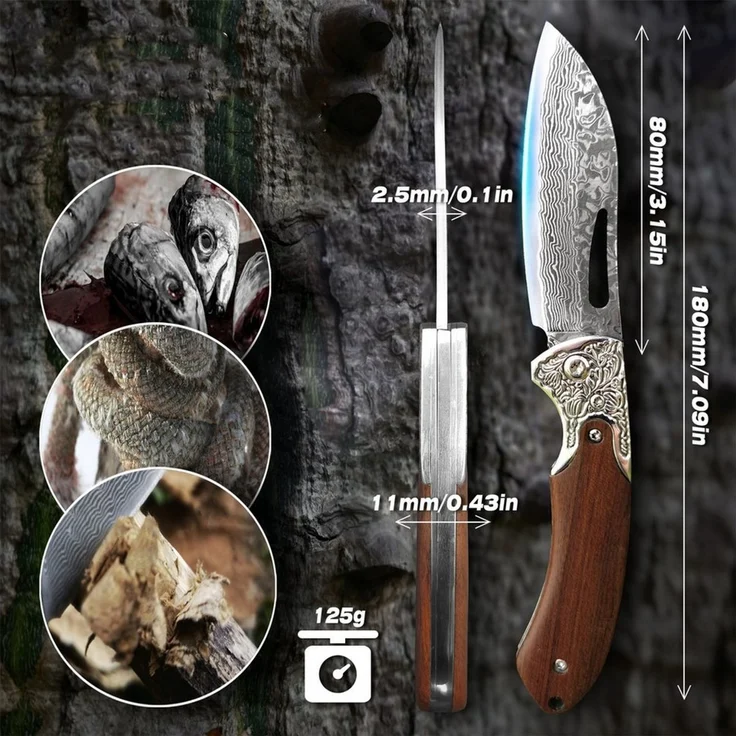 KingLux Damastmesser Damast Klappmesser, Outdoor Taschenmesser mit Gürteltasche Leder – Bild 3