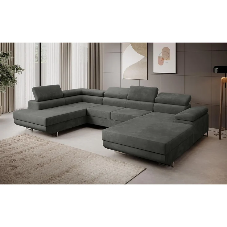 Ecksofa MARGO U- Form, moderne Couch mit Schlaffunktion, verstellbare Kopfstützen, zwei Bettkästen, große Polstercouch – Monolith 92, 72 x 203 x 347 cm – Bild 1