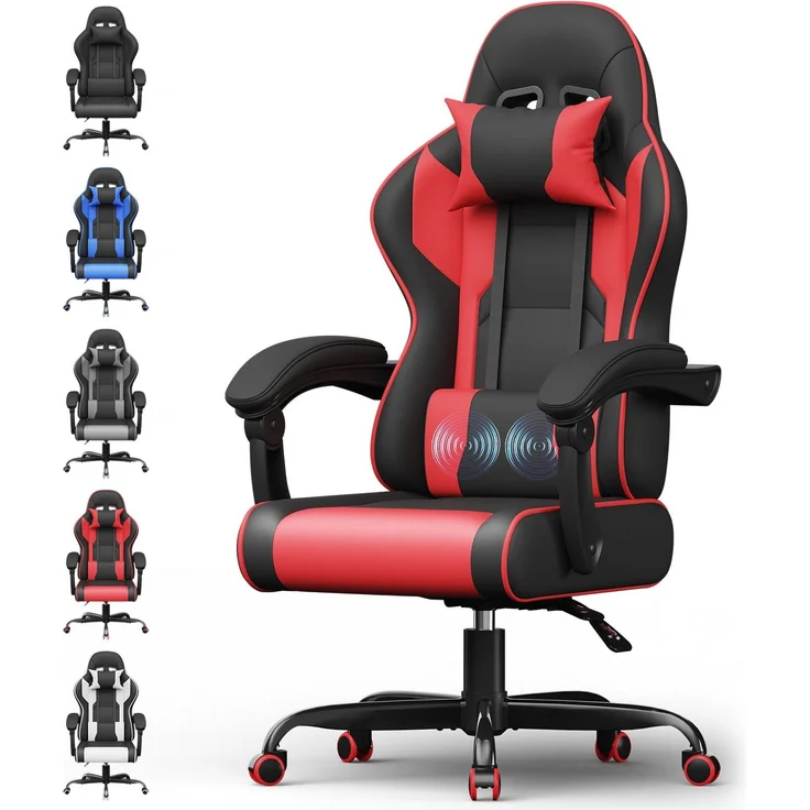 Devoko Gaming Stuhl mit Massagefunktion, Bürostuhl Ergonomisch mit Verstellbarer Ruckenlehne (90-135), Schreibtischstuhl mit Bewegliche Armlehne, max 150kg, rot – Bild 1