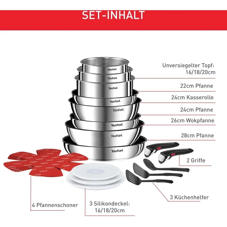 Tefal Ingenio Emotion 20-tlg. Topf und Pfannenset abnehmbarer Griff, mit Zubehör, stapelbar, platzsparend, Topfset Induktion Titanium 2X Antihaftversiegelung, einfache Handhabung und Reinigung, L897SK – Bild 2