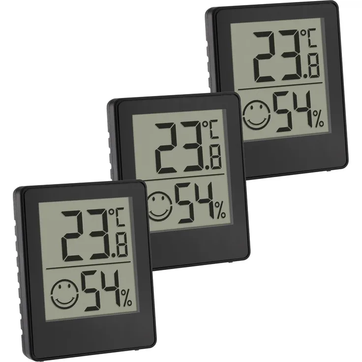 TFA Dostmann Digitales Mini Thermo- Hygrometer, 3er-Set, 30.5039.01.03, Raumthermometer, Temperatur und Luftfeuchtigkeitsmessgerät, Smiley Komfortzone, Raumklimakontrolle, batteriebetrieben, schwarz