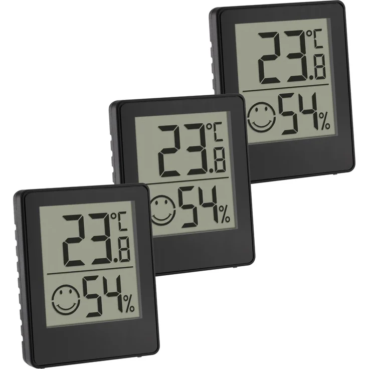 TFA Dostmann Digitales Mini Thermo- Hygrometer, 3er-Set, 30.5039.01.03, Raumthermometer, Temperatur und Luftfeuchtigkeitsmessgerät, Smiley Komfortzone, Raumklimakontrolle, batteriebetrieben, schwarz – Bild 1