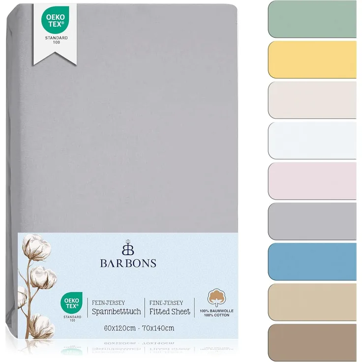 BARBONS Spannbettlaken für Baby/Kinderbett - 100% Jersey-Baumwolle Oeko-TEX Standard 100 Zertifiziert Bettlaken für Babybett (Hellgrau - 60x120 cm / 70x140 cm)