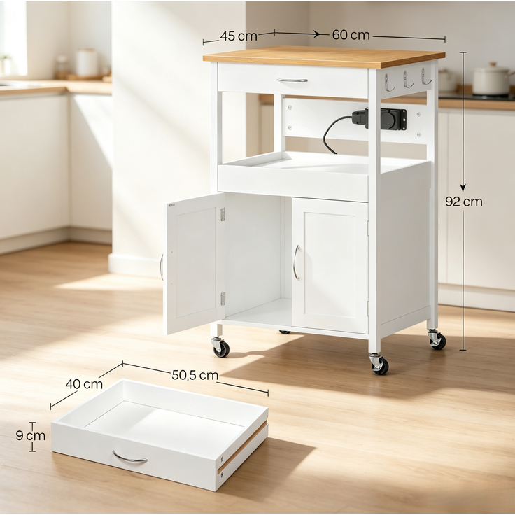 Küchenwagen aus MDF mit Steckdosen, Stauraum und Rollen, 60x45x92 cm, Weiß – Bild 3