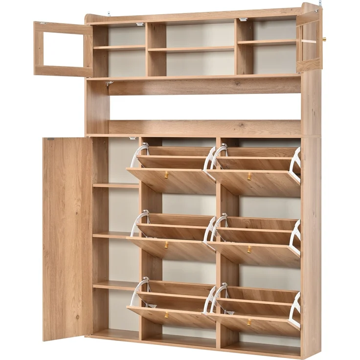 ZUBALIYA Schuhschrank (130 x 25 x 180 cm), 6 Klappfächer, LED - Beleuchtung, Stauraum für Flur und Eingangsbereich, Naturfarben – Bild 16