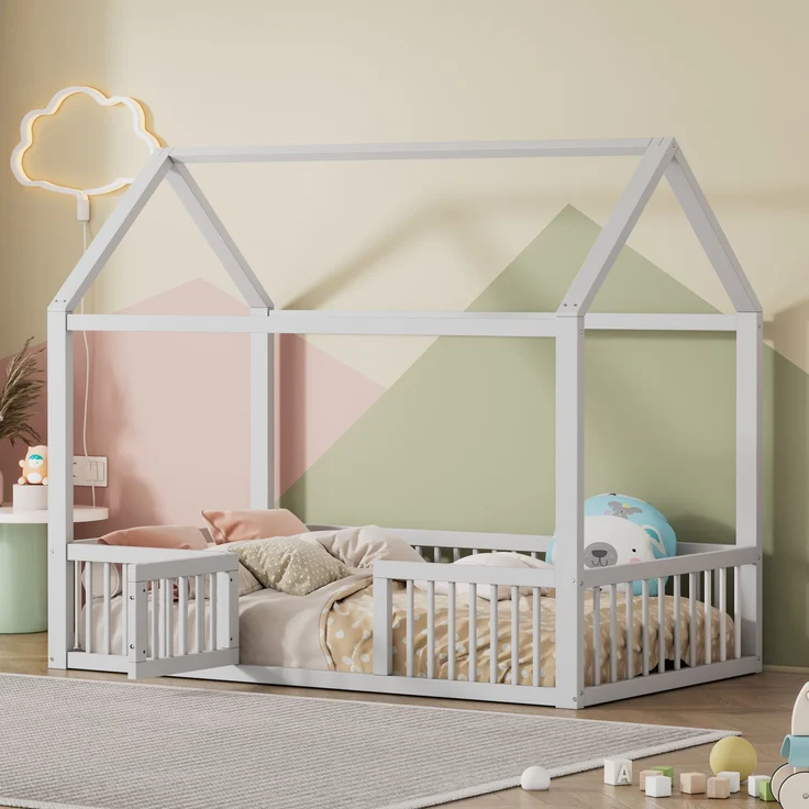 Bett 90x200 cm Hausbett aus Kiefernholz mit Türchen und Rundum-Sicherheitsgitter, ohne Matratze, Weiß – Bild 4
