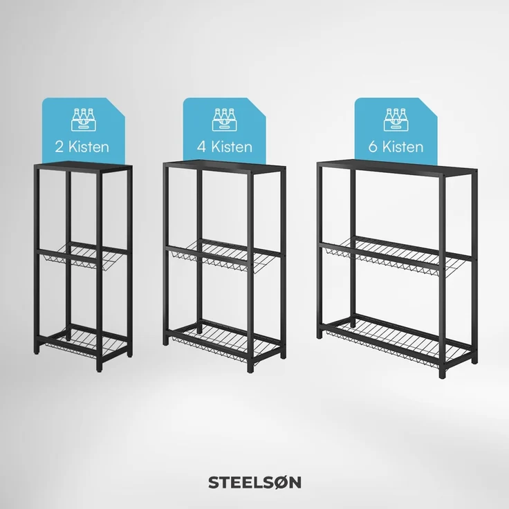 STEELSØN 'Montune' Getränkekistenregal, Metall schwarz, 115x50x33 cm, Aufbewahrung für 2 Kisten mit Gitterhalterung und Ablage – Bild 9