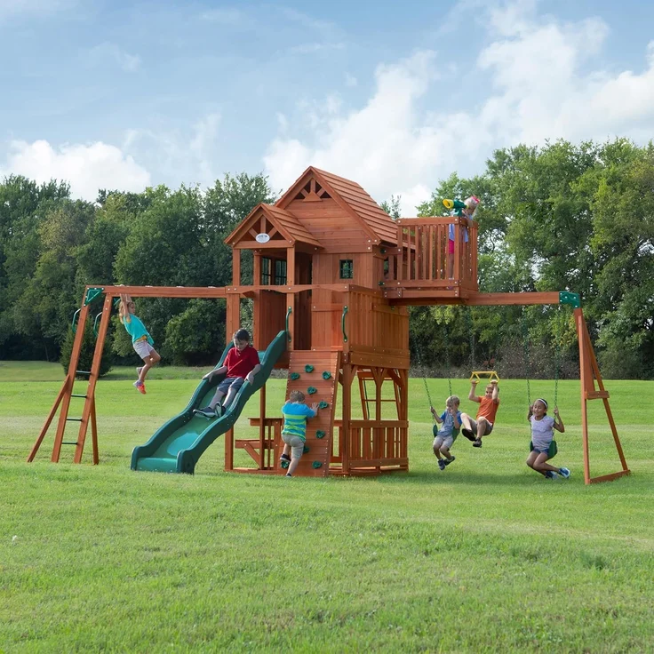 Backyard Discovery Spielturm Skyfort II aus Holz XXL Spielhaus für Kinder mit Rutsche, Schaukel, Trapezstange, Kletterwand und Aussichtsturm | Braun | Holz | 670 cm – Bild 2