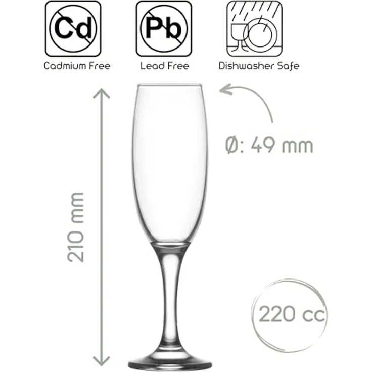 LAV Gläser-Set Empire Champagnerflöten, 6-tlg, Glas, 6er Set, 220ml, ideal für Sekt, Champagner und prickelnde Getränke. – Bild 2