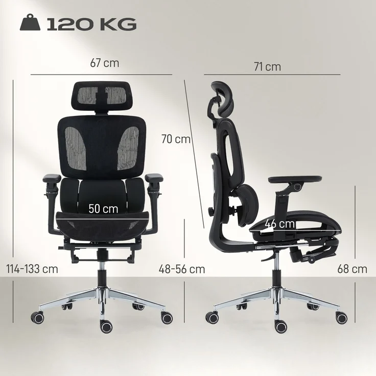 MELAYR, Bürostuhl Ergonomisch Schreibtischstuhl mit verstellbar Lenden- und Kopfstütze, 71 x 67 x 133 cm, Schwarz – Bild 5