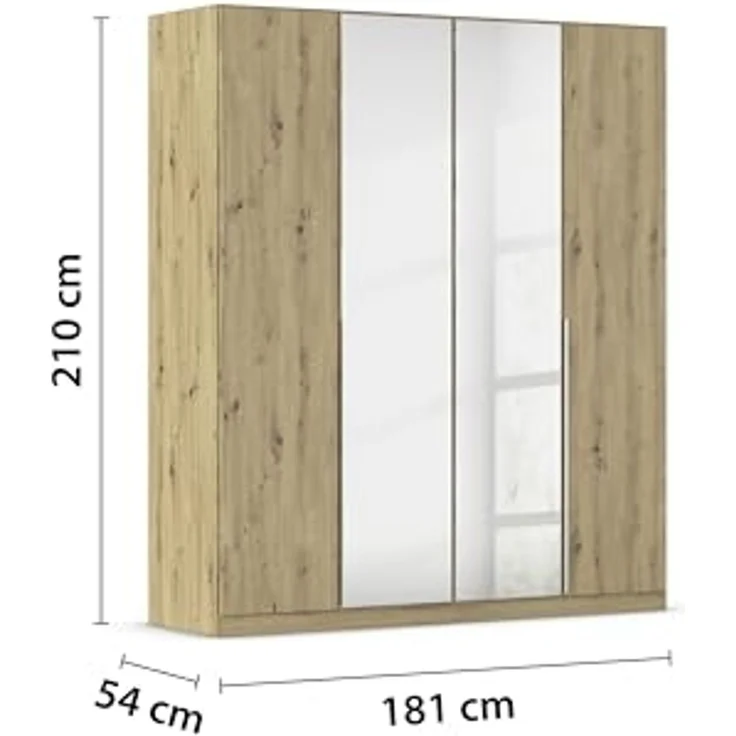 Rauch Möbel Alabama, Kleiderschrank für Schlafzimmer, Kinderzimmer, Wohnzimmer, Garderobe, Flur, 4-türig, Spiegel, mit Zubehör Classic, Farbe Eiche Artisan, Holz, Breite 181 cm – Bild 3