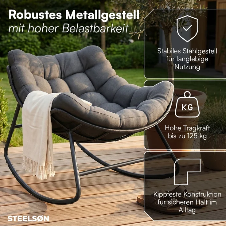STEELSØN 'Veldora' Schaukelstuhl, schwarzes Polyrattan, Kissen anthrazit, ergonomischer Relaxsessel, bis 125kg, XXL Schaukelsessel 75×100×65 cm – Bild 4
