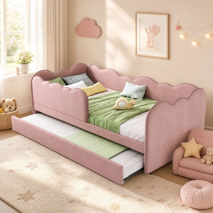 CHICFURN Bett Samt Rosa 90/180x190 cm mit Ausziehbett und abnehmbarem Vordergitter – Bild 2