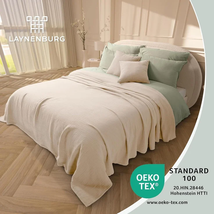 LAYNENBURG Premium Musselin Tagesdecke 220x240 cm XXL - 100% Baumwolle - extraweiche Baumwolldecke als Kuscheldecke, Bett-Überwurf, Sofa-Überwurf, Couch-Überwurf - warme Sofa-Decke (Beige) – Bild 2