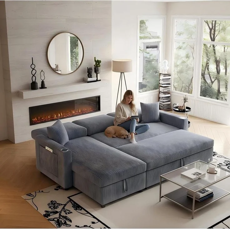 Schlafsofa aus Cord mit Ausziehfunktion, Stauraum und USB-Anschluss, 207,5x142x84,5 cm, Grau – Bild 3