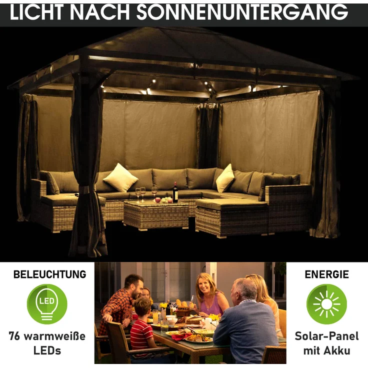 BRAST 'Infinity' Pavillon inkl. Moskitonetz und LED-Beleuchtung, wasserdicht, stabil, UV-Schutz, Aluminium, Grau, 4x4 m, mit Beleuchtung – Bild 4