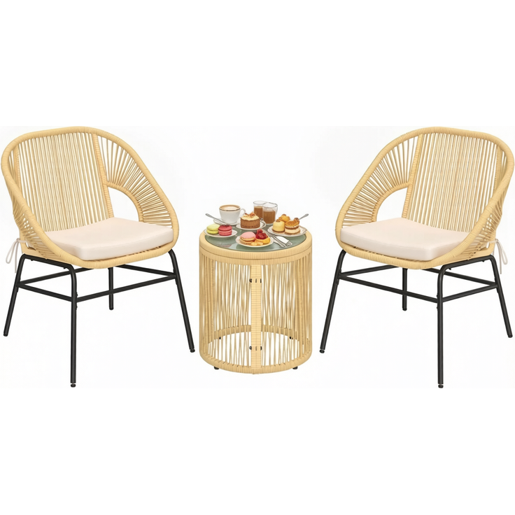 Balkonlounge, Stahl & Harzgeflecht, 2 Sessel mit Kissen und Glastisch, 73x63x81 cm, Beige – Bild 8