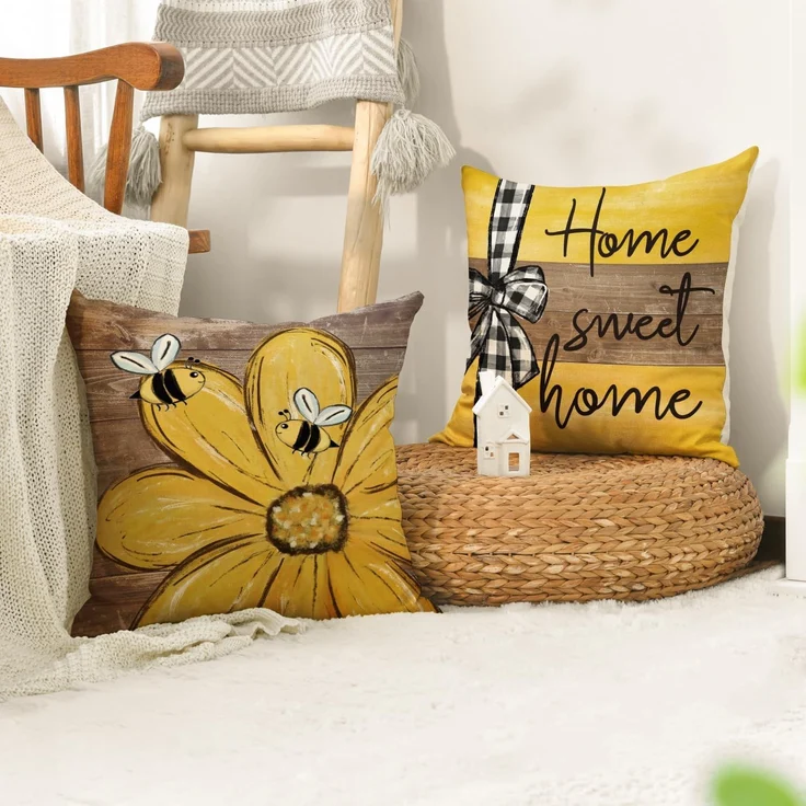 Kissenbezüge 45×45 cm 4er-Set Bee & Sunflower, Streifen/Punkte, Home Sweet Home, Frühling Deko – Bild 3