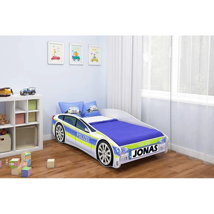 ACMA Kinderbett Auto-Bett Polizei mit Rausfallschutz, Lattenrost und Matratze (Polizei 1, 160x80 cm + Name) – Bild 2
