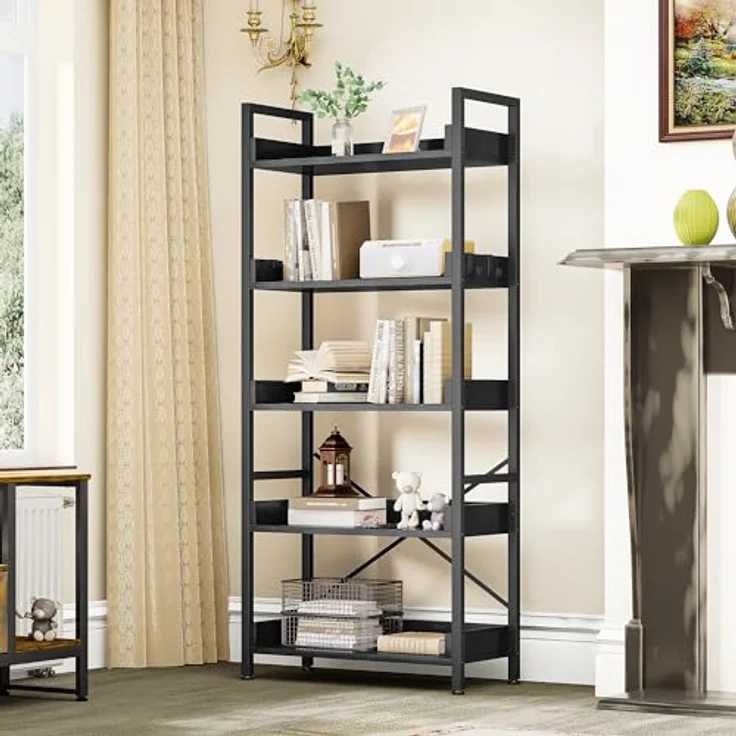 YITAHOME Bücherregal 5 Etagen, Bodenstehendes Bücherregal, Holzregal und stabiles Stahlrahmenregal mit 4 Haken Industrielles Lagerregal für Wohnzimmer, Heimbüro, Schwarz – Bild 2