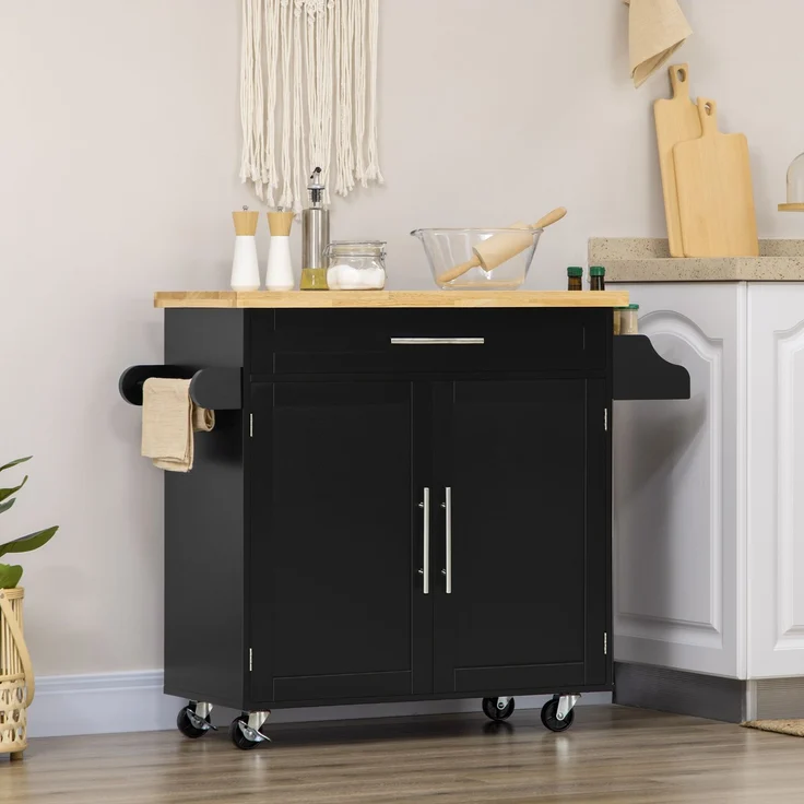 JARDJ Küchenwagen Servierwagen Kücheninsel, 1 Gewürzregal, 1 Handtuchhalter, 109 cm x 40 cm x 89 cm, Schwarz – Bild 4