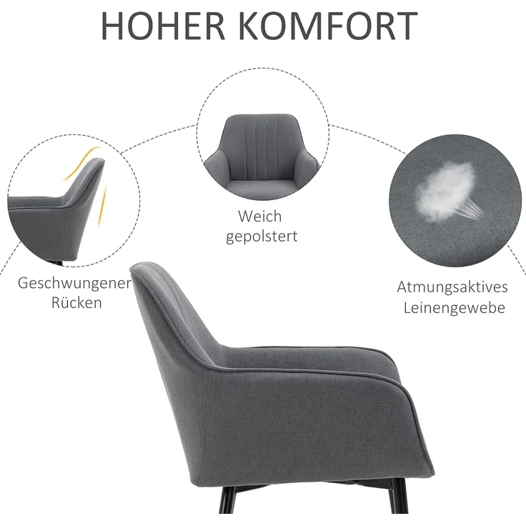 HOMCOM Esszimmerstuhl Küchenstuhl mit Rückenlehne, Polsterstuhl mit Leinenoptik (Wohnzimmerstuhl, 2 St), Dunkelgrau 59,5 x56,5 x 81 cm – Bild 6