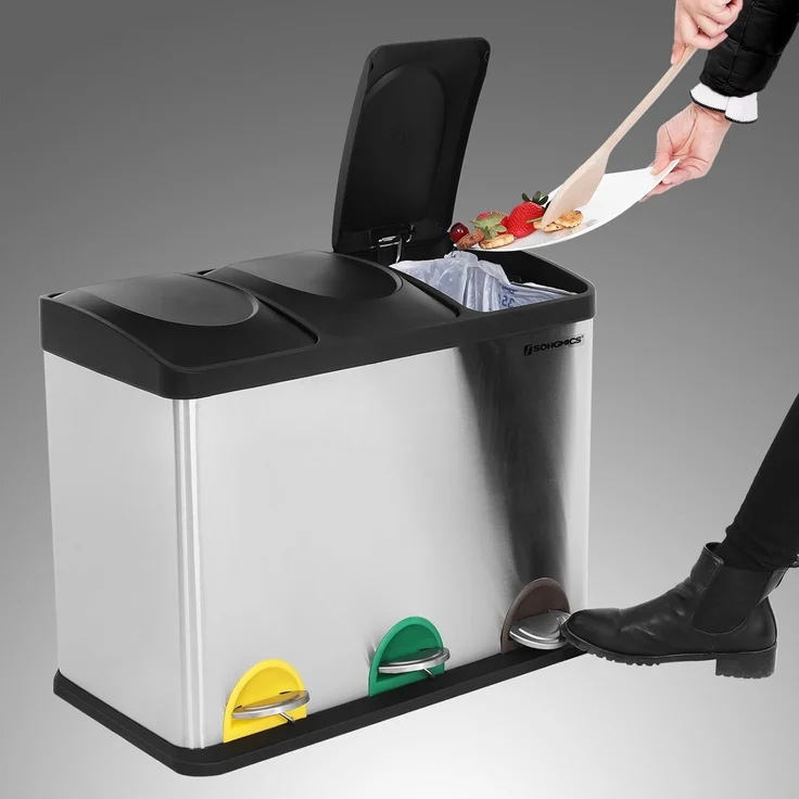 SONGMICS Mülleimer, Mülltrennsystem, Abfalleimer, Edelstahl, 45 L, Silber – Bild 3