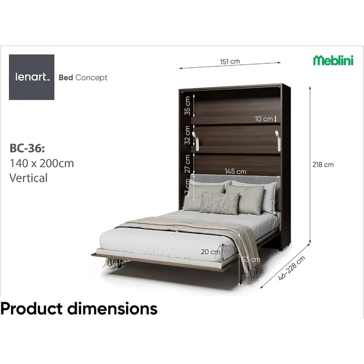 MEBLINI Elektrisches Schrankbett Bed Concept - Wandbett mit Lattenrost, Sofa und Kopfteil - Wandklappbett - BC-36 - 140x200 cm Vertikal - Dunin Eiche - Sofa und Kopfteil Grau ohne Matratze – Bild 7