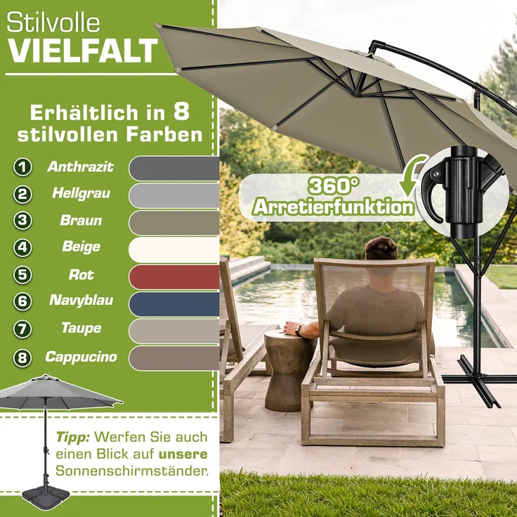tillvex Sonnenschirm Braun Ø 350 cm Ampelschirm Gartenschirm Marktschirm Kurbel Balkon Alu Neigbar Braun - Ø350cm – Bild 5