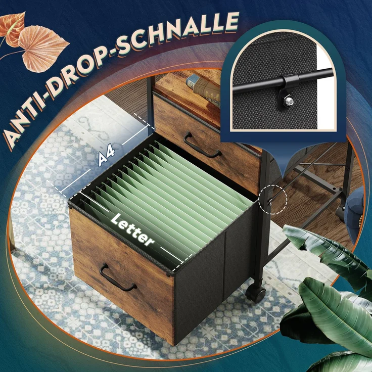 DEVAISE mobiler Bürocontainer, zwei textilbezogene Schubladen sowie offenes Fach, bremsbare Rollen, geeignet für A4-Dokumente, vintagebraun--Braun--68x40x39cm--YOUDENOVA – Bild 5