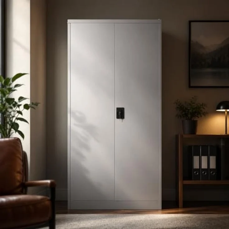 BISLEY Flügeltürenschrank Toolless, 4 Lackierte Fachböden, H 1850 x B 900 x T 400 mm, Werkzeuglose Selbstmontage, 5 OH, Lichtgrau, Abschließbarer Aktenschrank – Bild 2