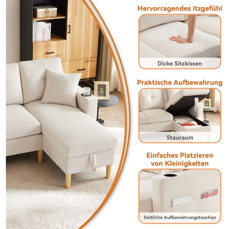 DESVIAE Sofa mit verschiebbarer Chaiselongue und Stauraum 175x90x129 cm Leinenoptik Beige – Bild 6