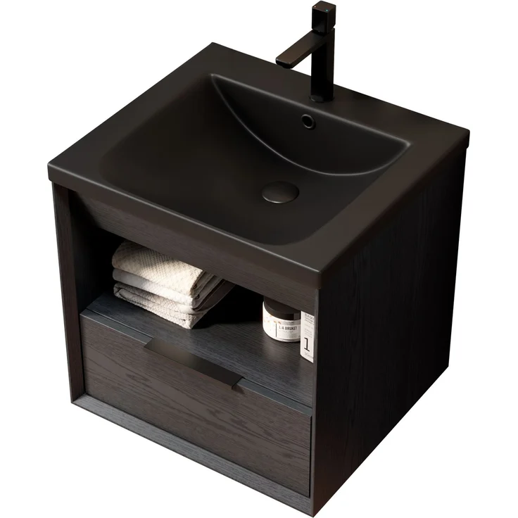 Waschtischunterschrank mit Keramikwaschbecken, Schublade & offenem Fach, 51,5x47x51,5 cm, Schwarz/Dunkeleiche – Bild 7