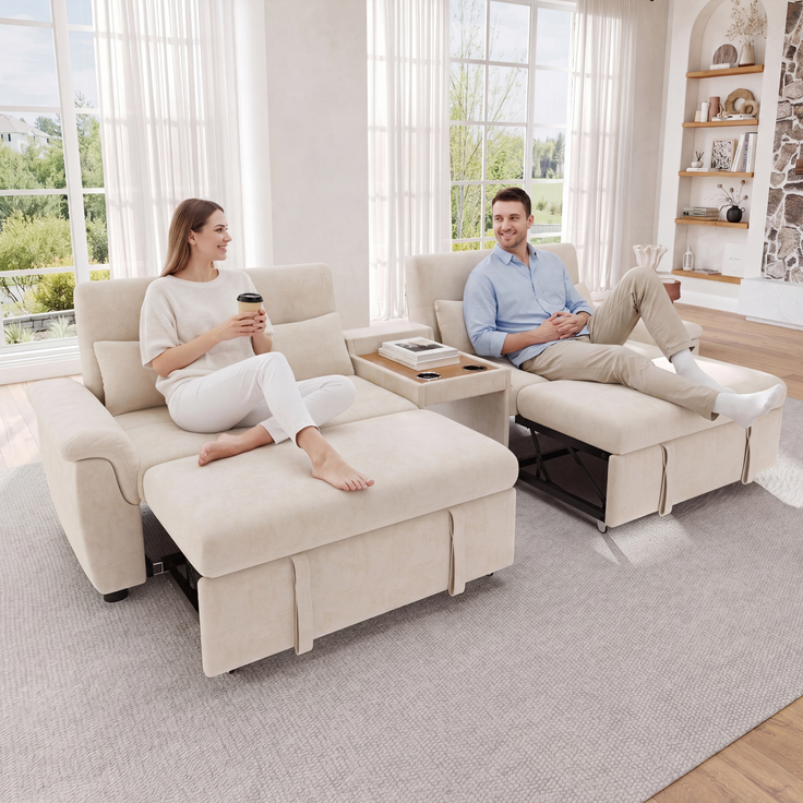 Merax U-förmiges Schlafsofa, ausziehbar, Doppel-Schlafauszug, verstellbare Rückenlehne, Haustierbereich, Couchtisch mit 2 Becherhaltern, 4 Kissen, Chenille, Beige, 284×138×89 cm – Bild 7