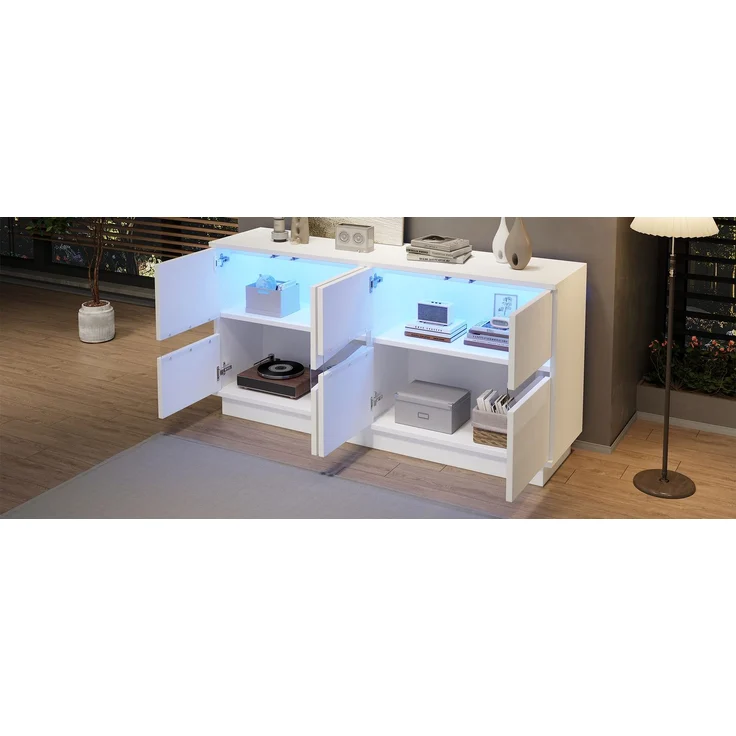 ZUBALIYA Sideboard 140x35x70 cm, mit LED-Beleuchtung, Hochglanz, mit 4 Türen, aus Spanplatte, Weiß – Bild 24