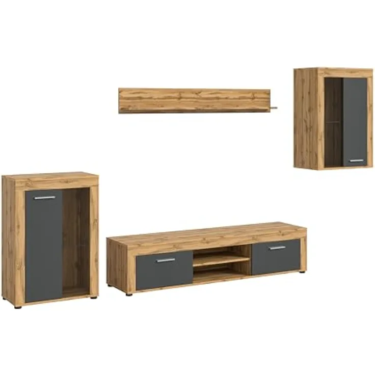 Xonox Wohnwand, Grau, Holzwerkstoff mit 2 Türen, 1 Glastür und 3 variablen Einlegeböden, 310x169x35 cm