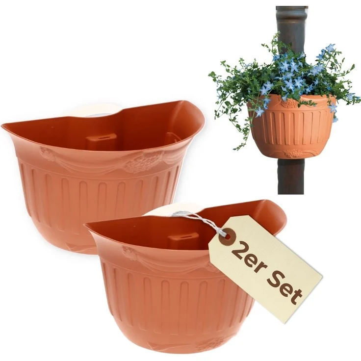 2er Set Blumentopf für Regenrohr Wandtopf Fallrohr Blumentopf Wandblumentopf Regenrohr Pflanzengefäß Dachrinne Fallrohrpflanzgefäß Hängetopf Regenrinne Terracotta – Bild 1