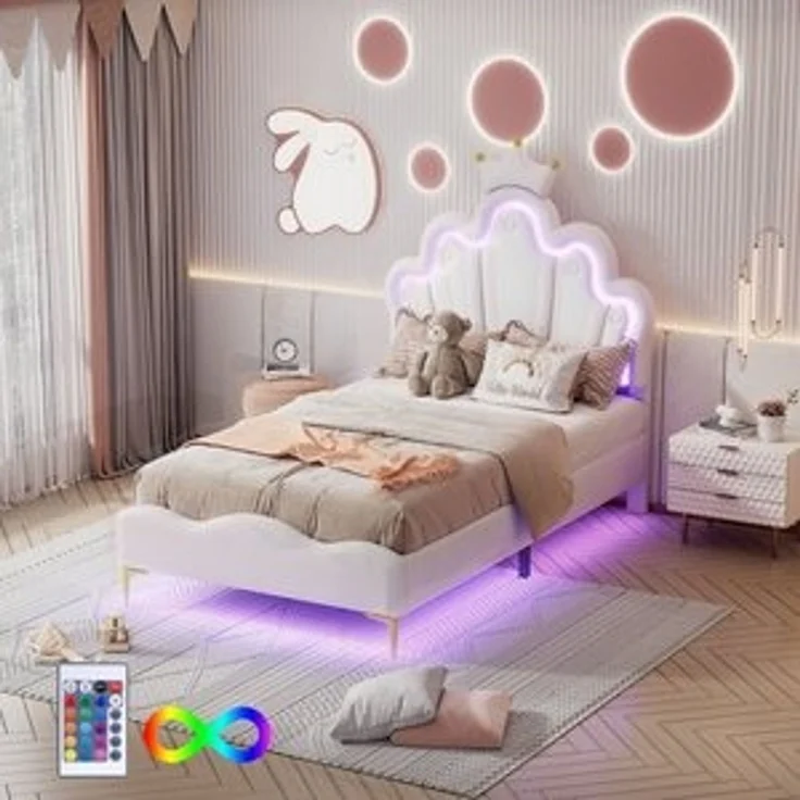 Flieks Polsterbett, LED Kinderbett Einzelbett mit krone-Form Prinzessinnenbett 90x200cm – Bild 6