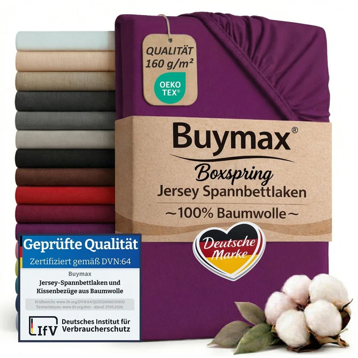 Buymax Spannbettlaken Boxspringbett 180x200-200x220 cm, 100% Baumwolle Jersey, 160 g/m², Oeko-TEX, für hohe Matratzen, Aubergine