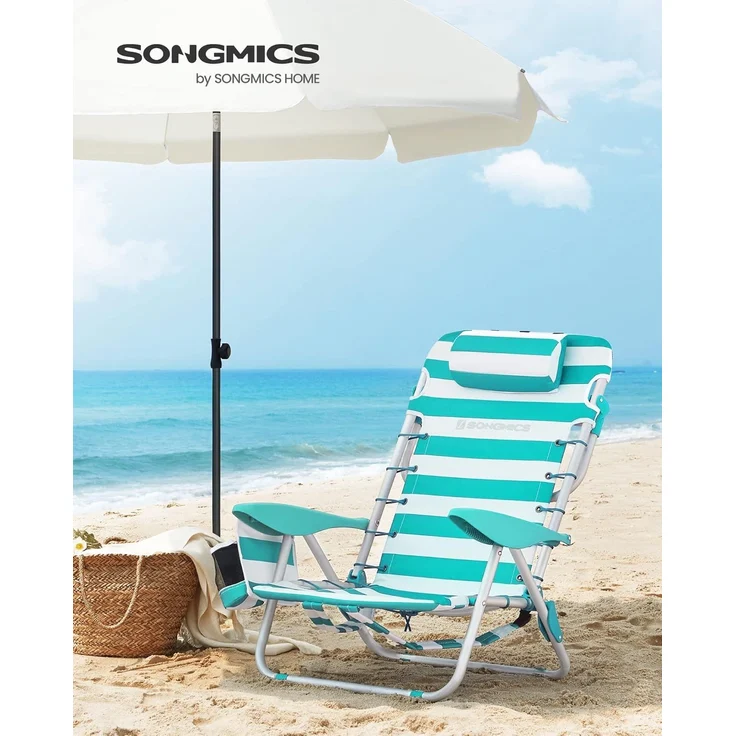 SONGMICS Strandstuhl, faltbar mit Schultergurt, verstellbarer Rückenlehne & Kopfstütze, Grün / Weiß – Bild 3
