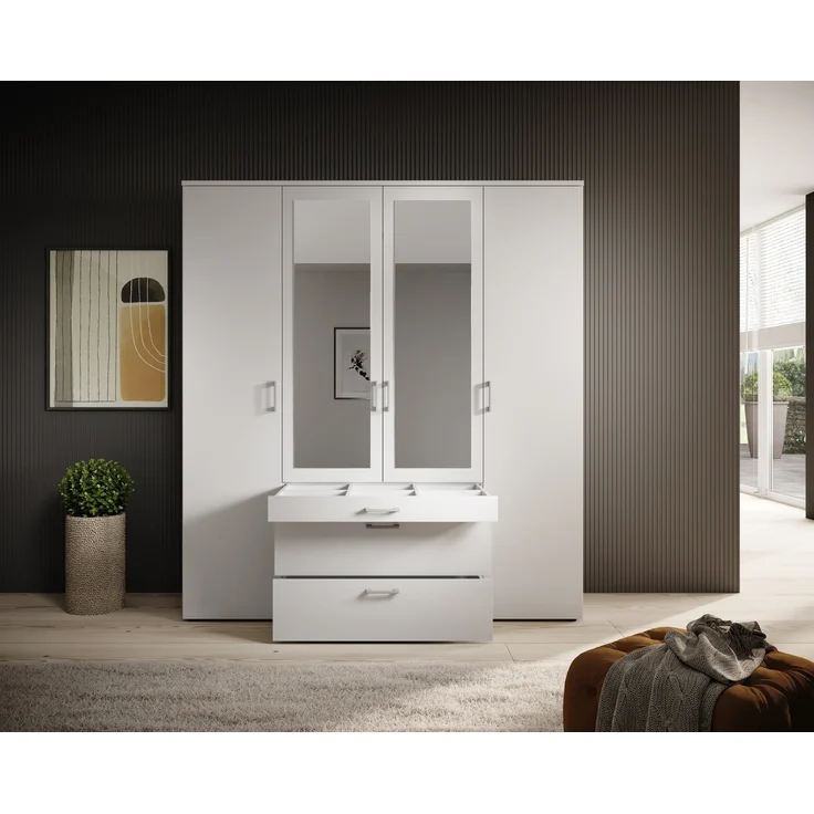 Drehtürenschrank >Vesala< 4 Türen, 3 Schübe, Weiß / Spiegel - 180x195x56cm (BxHxT) – Bild 5