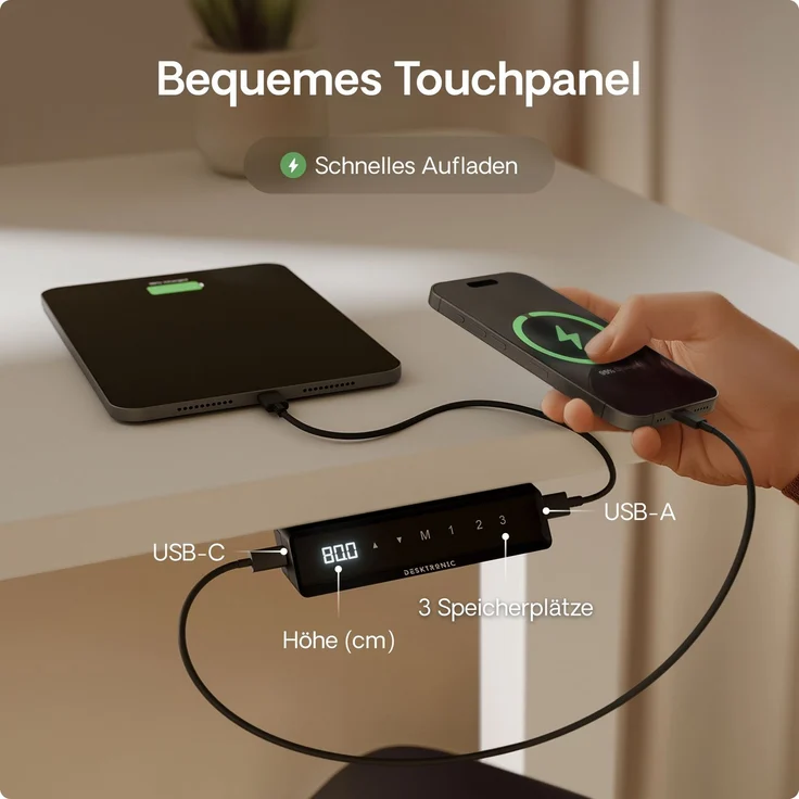 Desktronic HomeOne Elektrisch höhenverstellbarer Schreibtisch 140x70cm Weiß/Weiß mit Memory-Funktion, Anti-Kollisions Technologie, USB-A und USB-C-Ladeanschlüssen – Bild 6