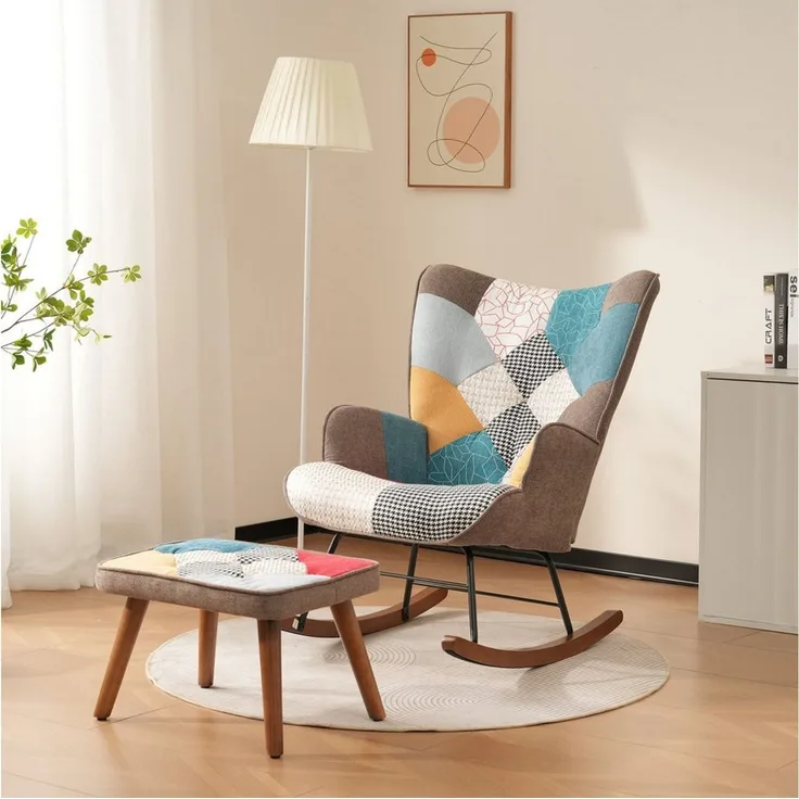 STILVORA Ohrensessel mit Spleißen,Relaxsessel Schaukelstuhl mit Fußstütze&Polsterung (Schaukelstuhl, 2-St, vorne und hinten mit Spleißen), mit Lebendige Farben